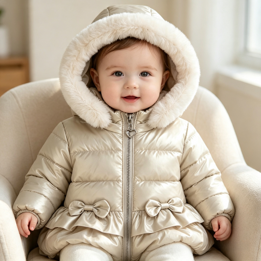Girls  puffer jacket  with bows and faux fur hood