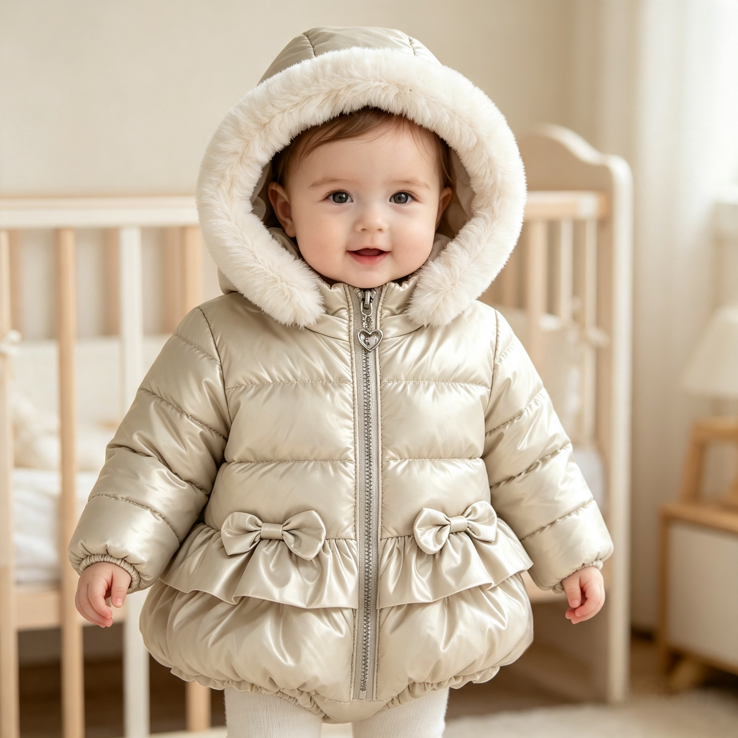Girls  puffer jacket  with bows and faux fur hood