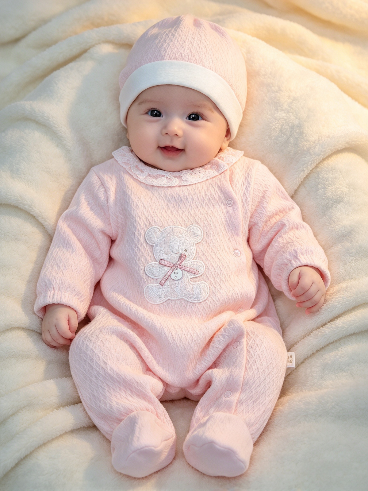 Baby girls  cotton sleepsuit with teddy bear design motif and hat
