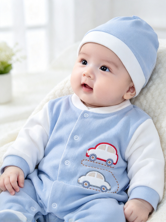 Baby  Boys velour car  motif design romper and  hat