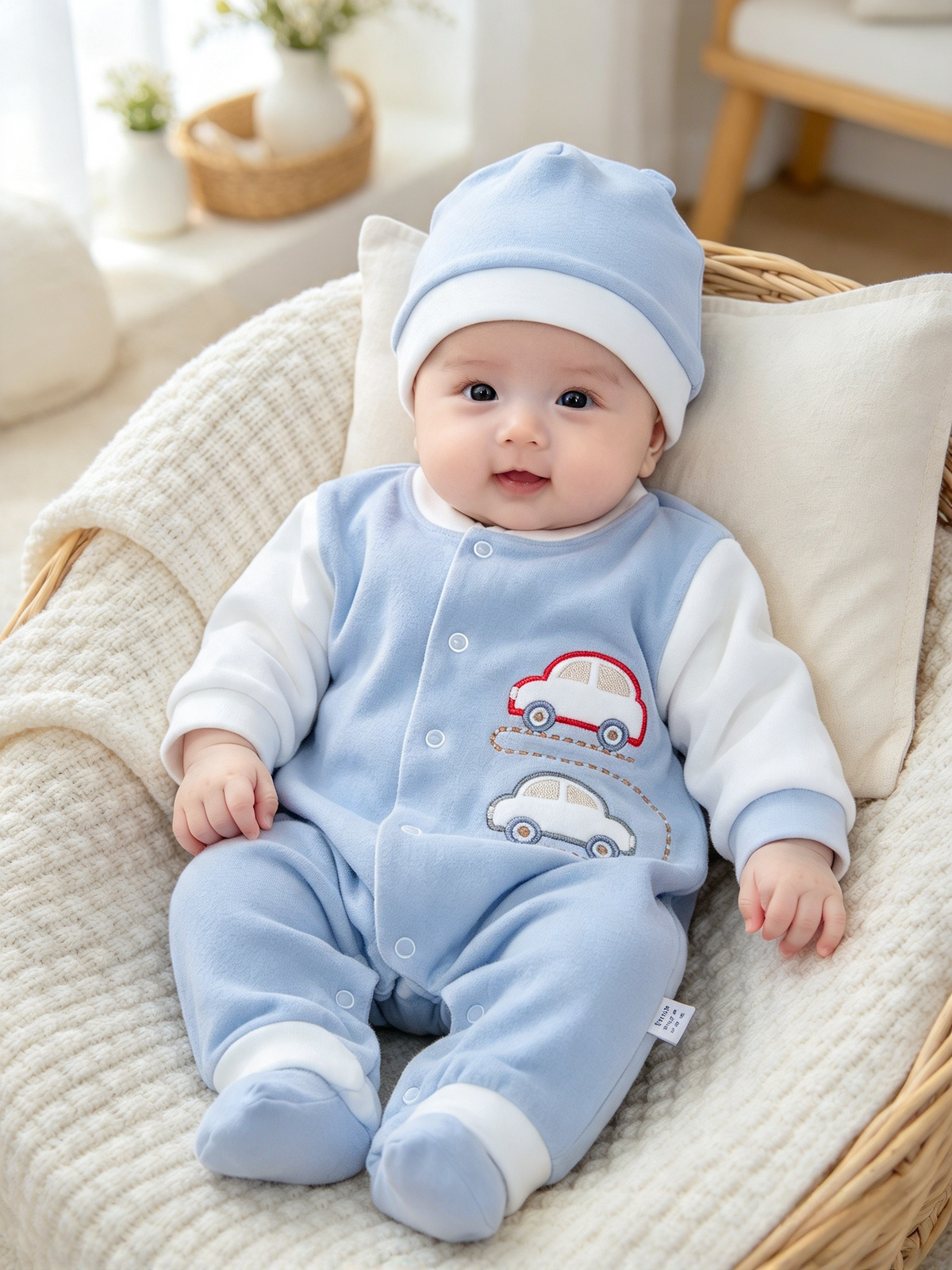 Baby  Boys velour car  motif design sleepsuit  and  hat