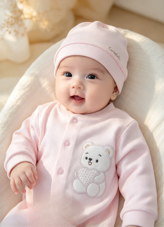 Baby girls  cotton romper with teddy bear design motif and hat