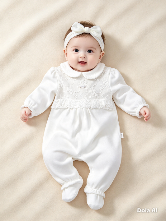Baby  girls  romper with Ruffle  smocking  and headband