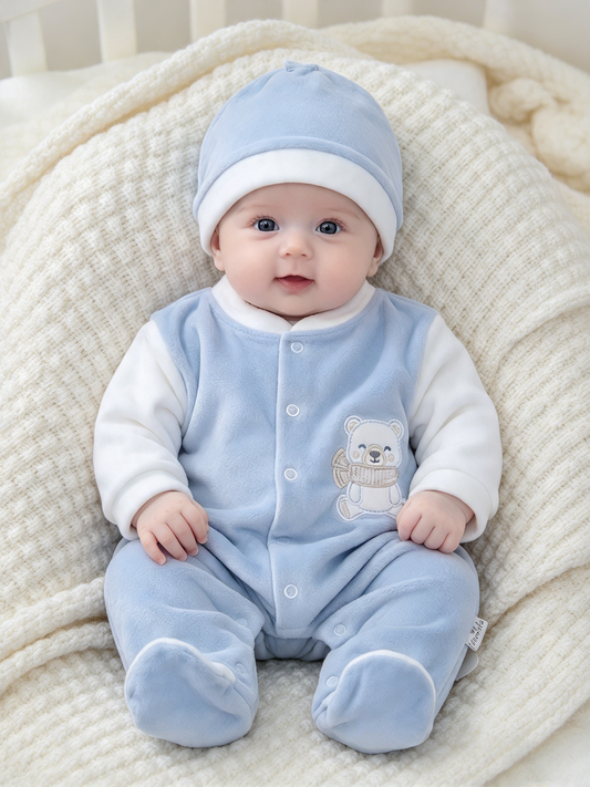 Baby Boys  velour  romper with teddy bear design motif  and  hat
