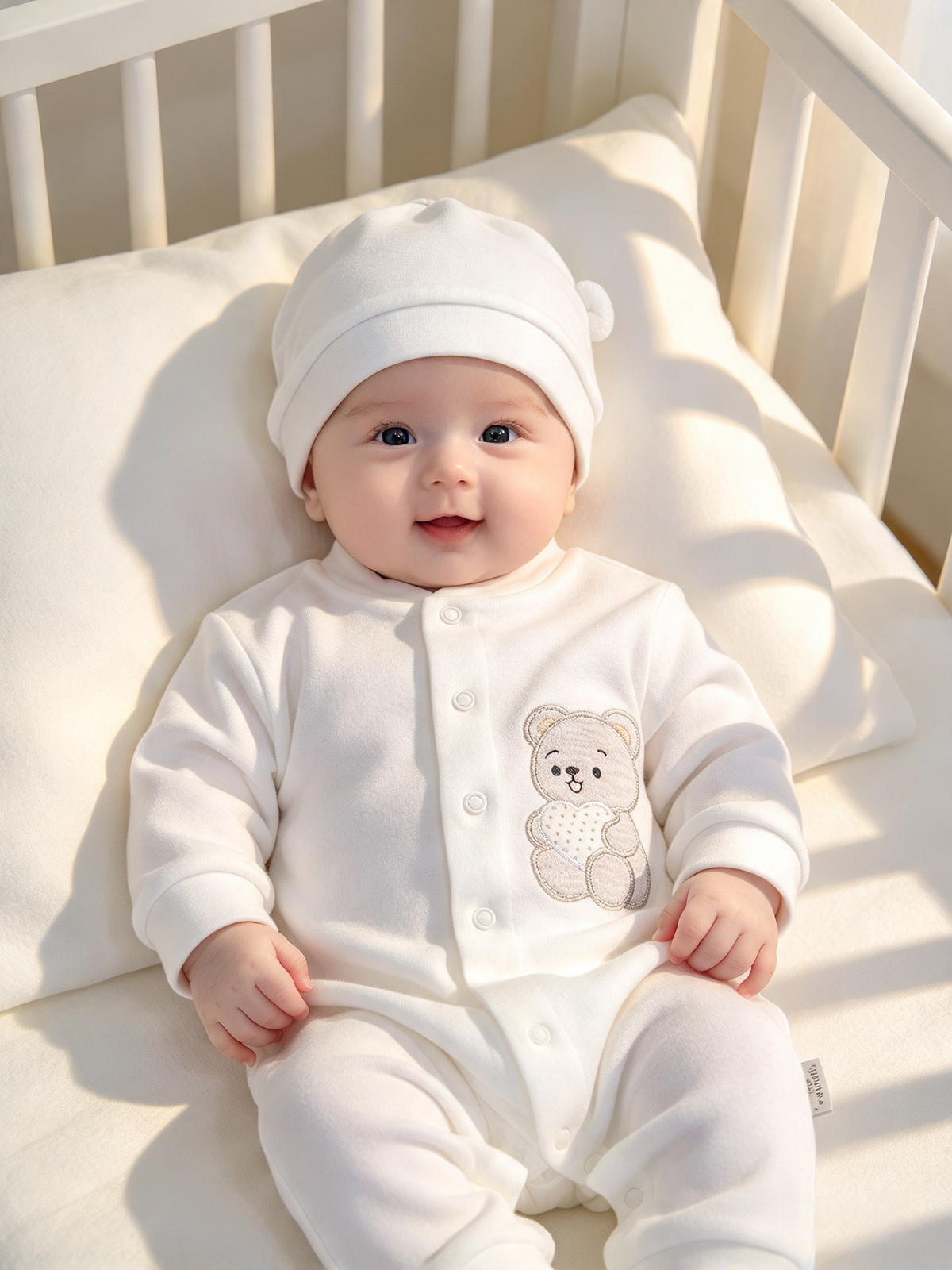 Babys unisex  cotton  sleepsuit with teddy bear design motif and hat