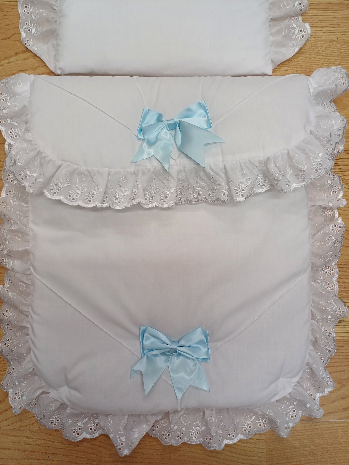 Baby Boys or girls  pram quilt with large bows  and pillow  set comes in various colours