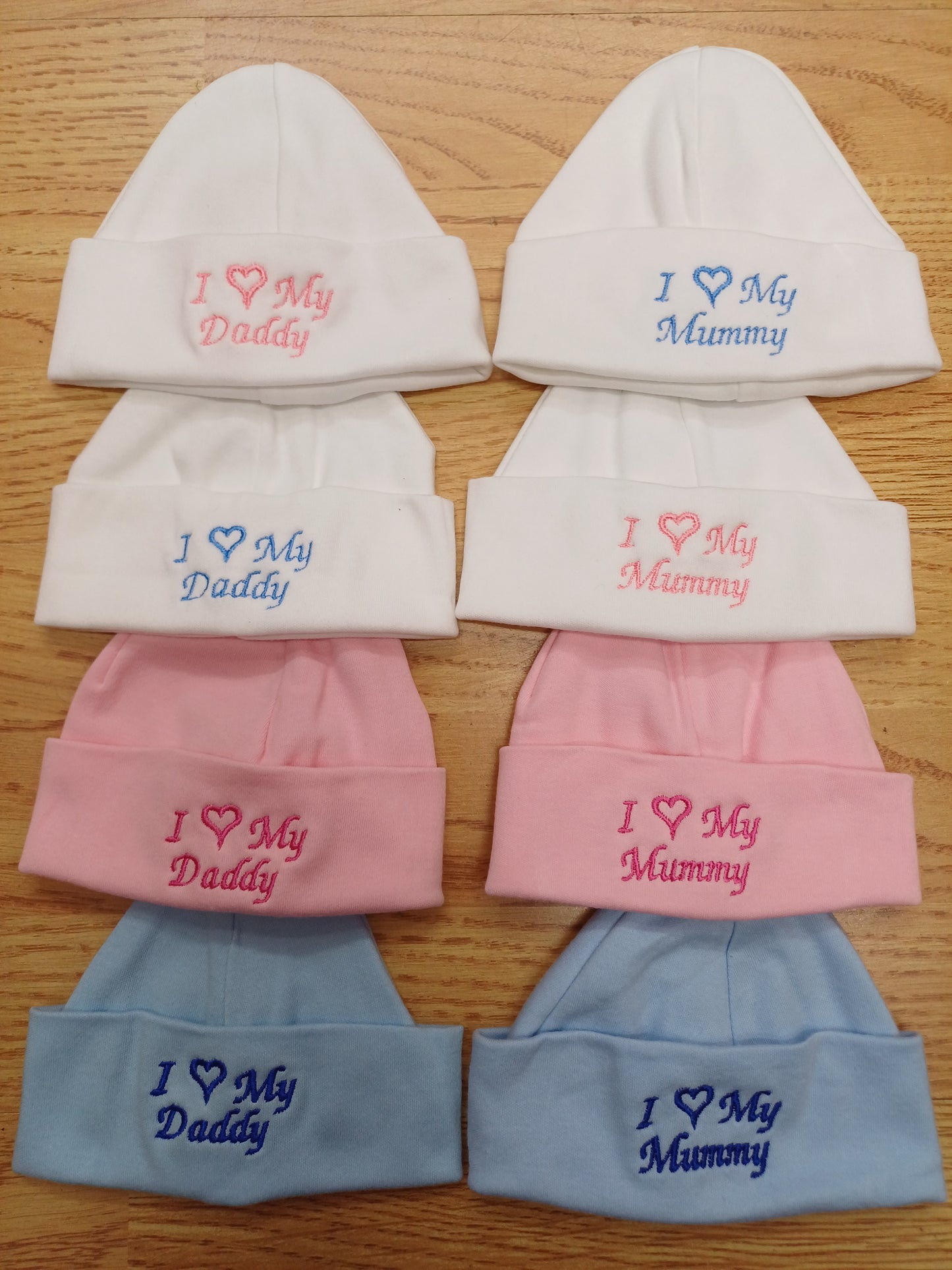 Baby Boys or girls  100% soft cotton hat embroidered with I love my mummy or daddy various colours to choose from size newborn