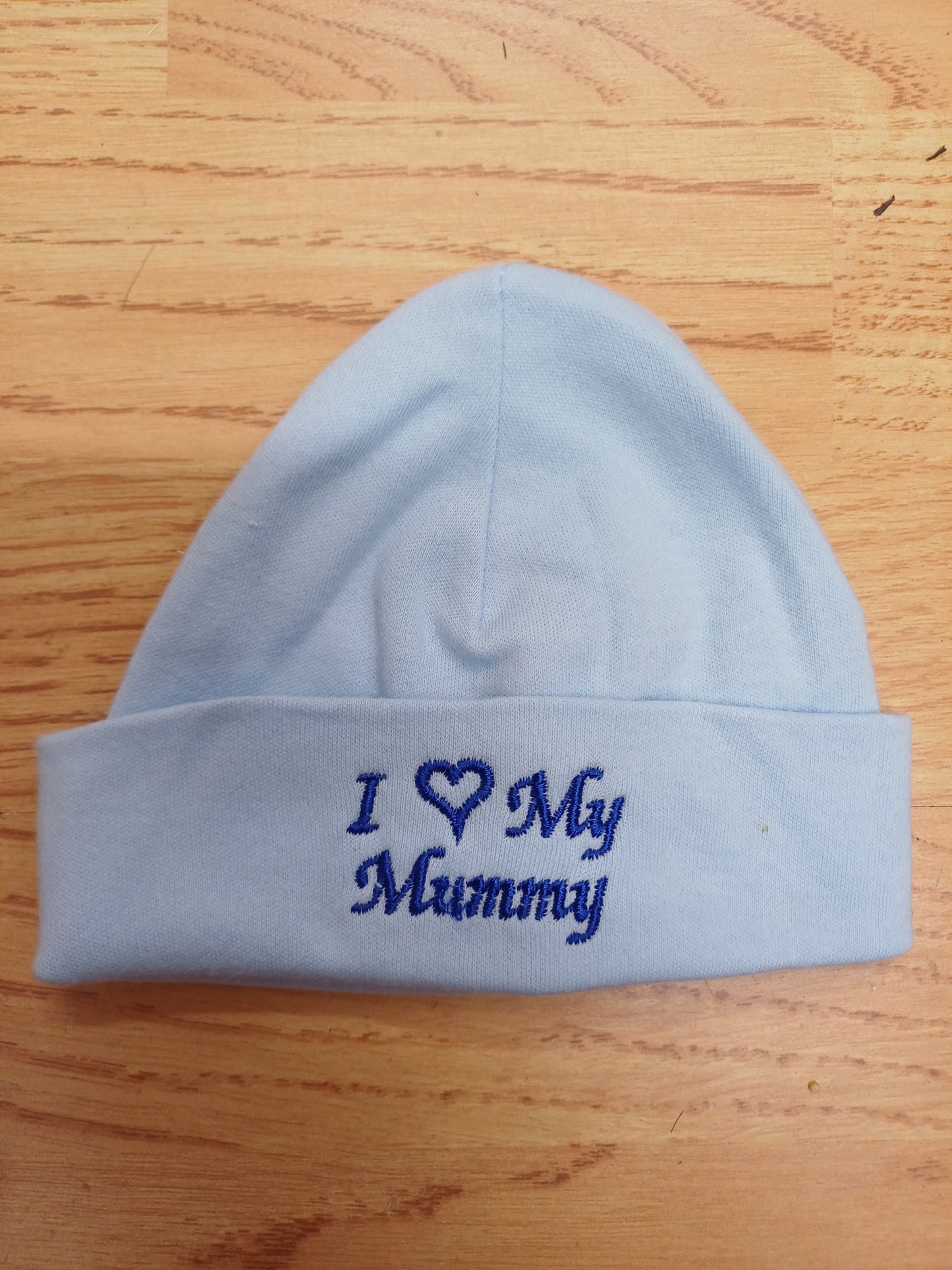 Baby Boys or girls  100% soft cotton hat embroidered with I love my mummy or daddy various colours to choose from size newborn