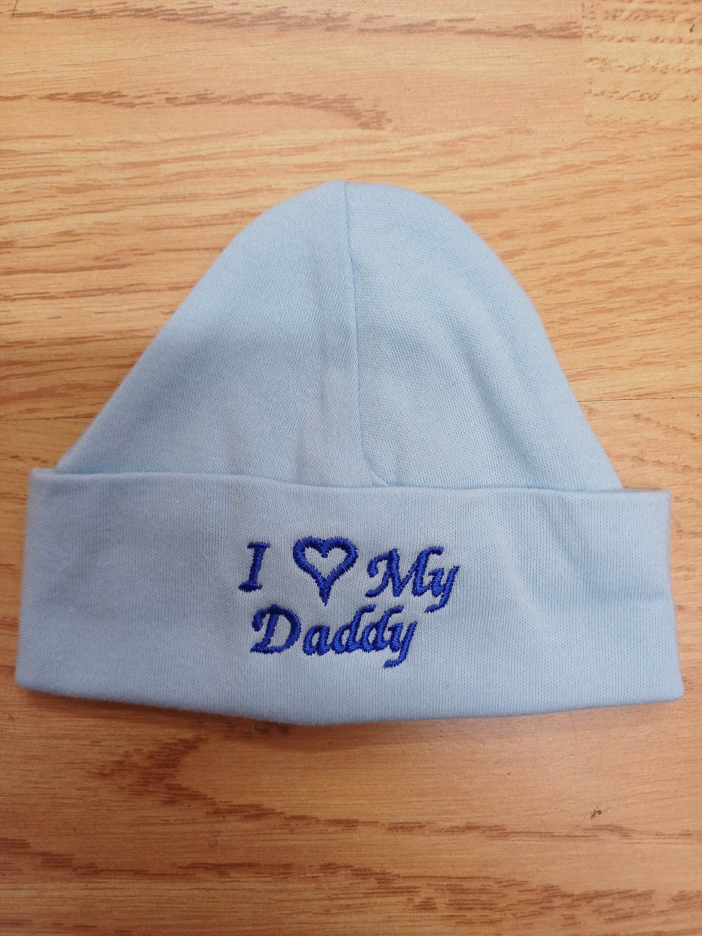 Baby Boys or girls  100% soft cotton hat embroidered with I love my mummy or daddy various colours to choose from size newborn