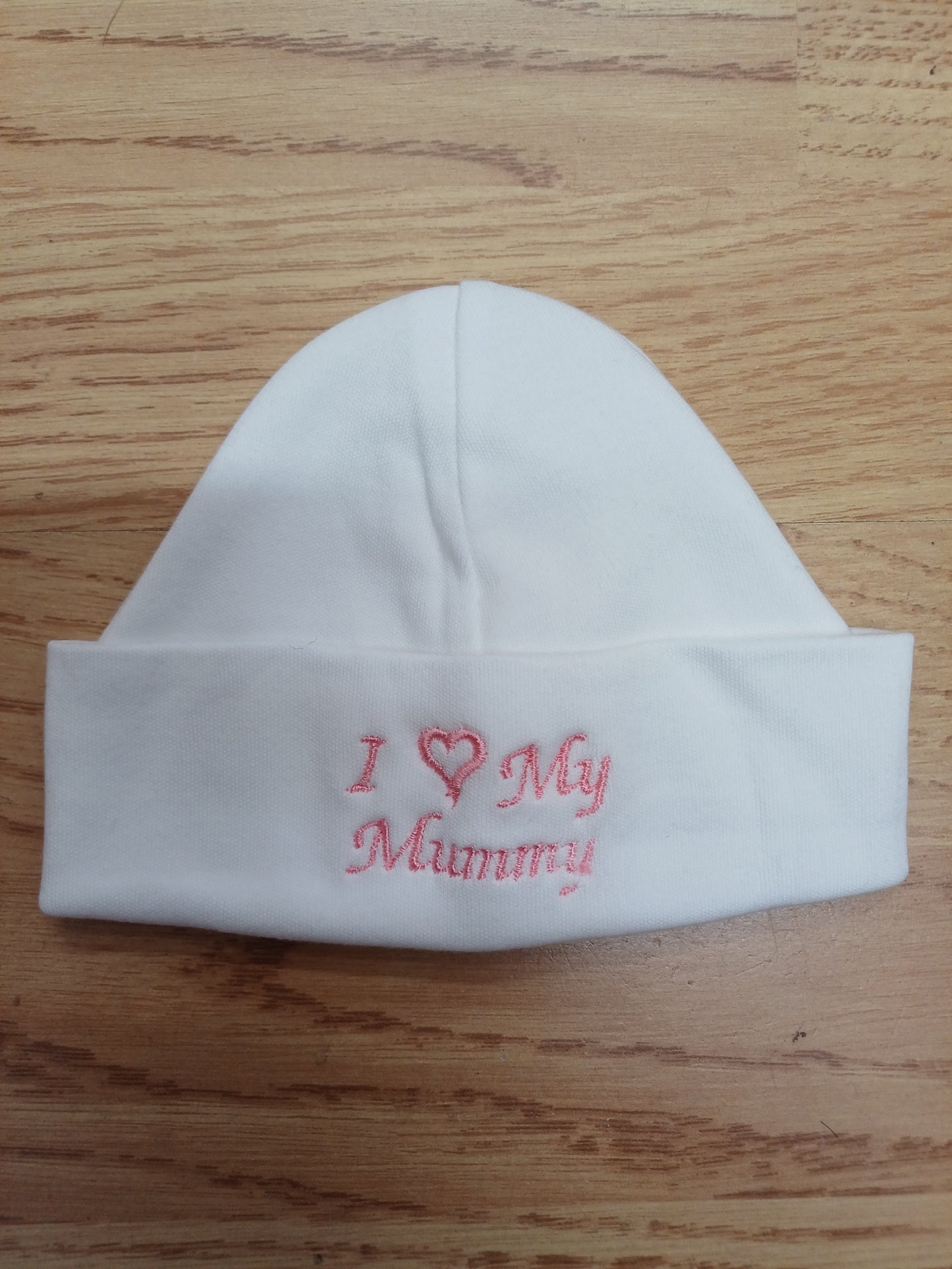 Baby girls  100 % soft cotton bib and hat set embroidered with I love my mummy colour white  / pink  size newborn