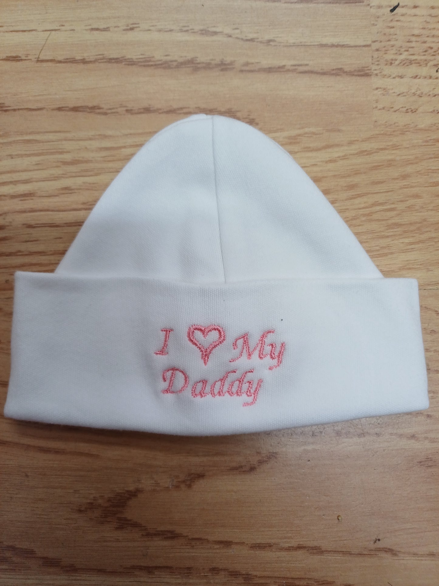 Baby Boys or girls  100% soft cotton hat embroidered with I love my mummy or daddy various colours to choose from size newborn