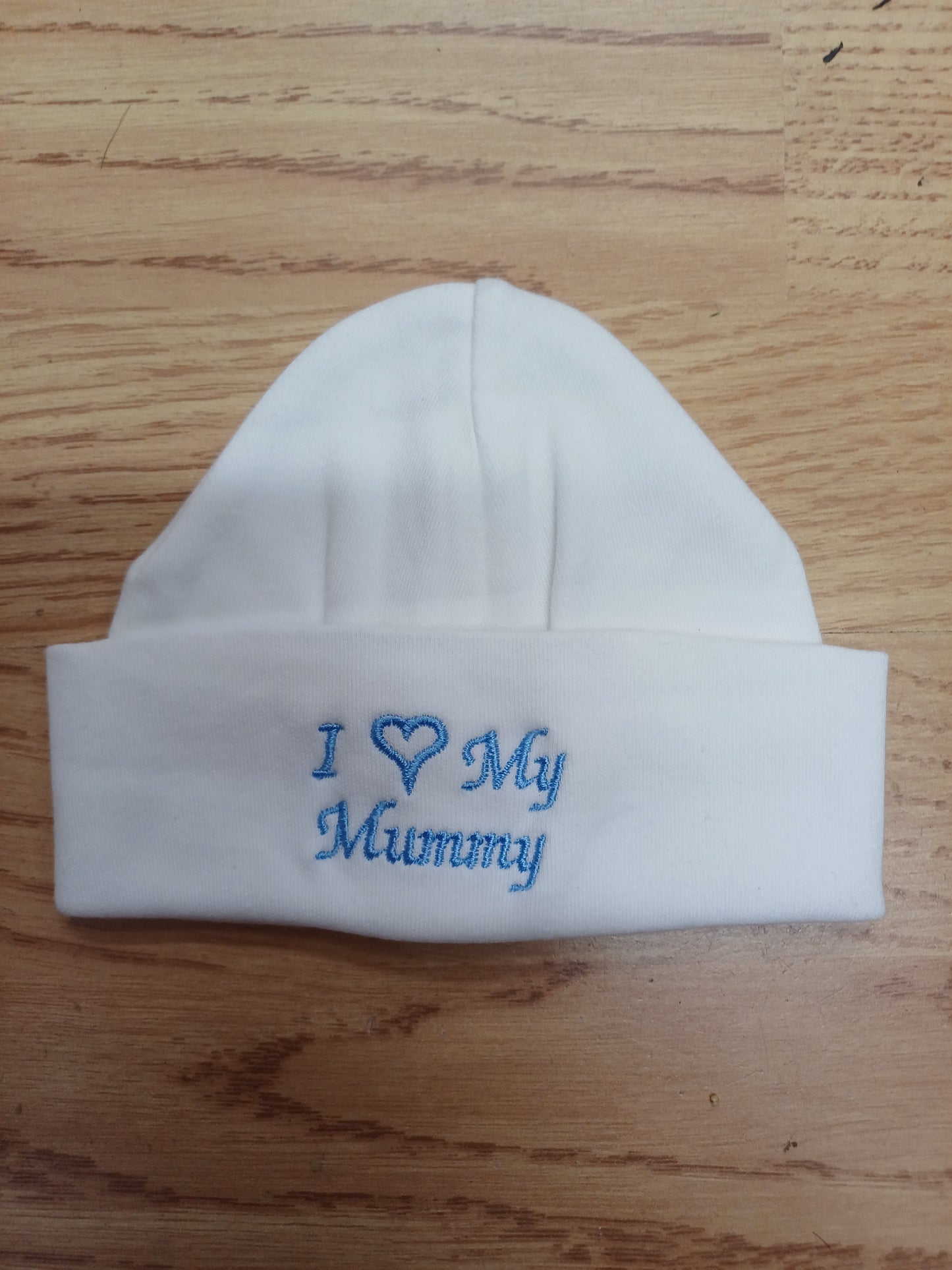 Baby Boys or girls  100% soft cotton hat embroidered with I love my mummy or daddy various colours to choose from size newborn