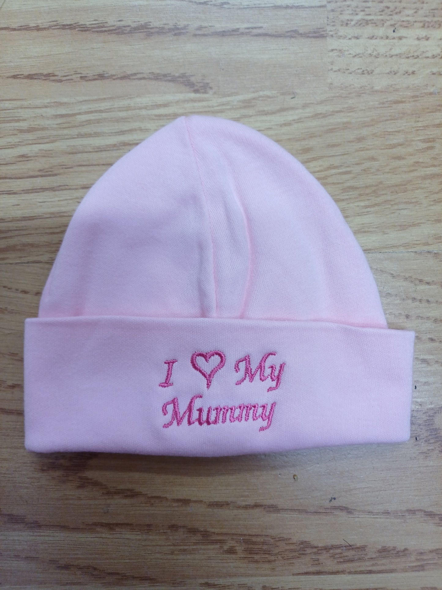 Baby Boys or girls  100% soft cotton hat embroidered with I love my mummy or daddy various colours to choose from size newborn