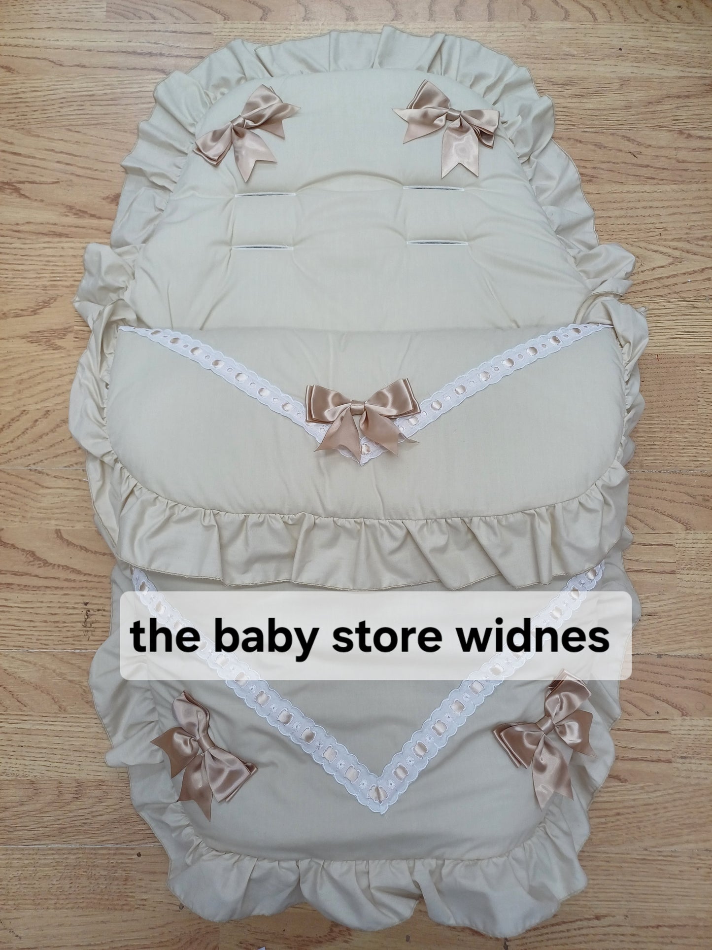 Baby Boys or girls universal pram cosytoes footmuff pram set with bows colour beige