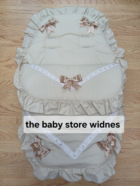 Baby Boys or girls universal pram cosytoes footmuff pram set with bows colour beige