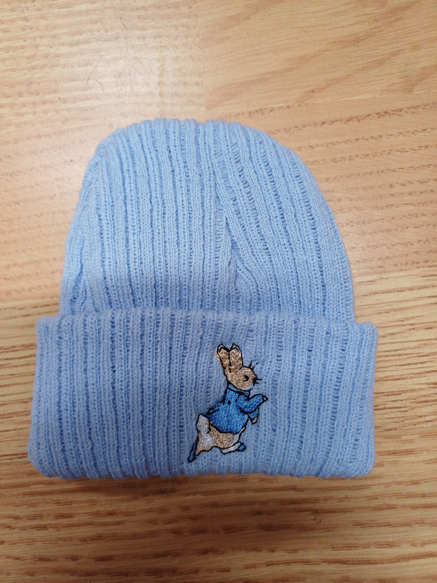 Baby Boys or girls knitted beanie hat embroidered with  peter rabbit various colours  to choose from size newborn