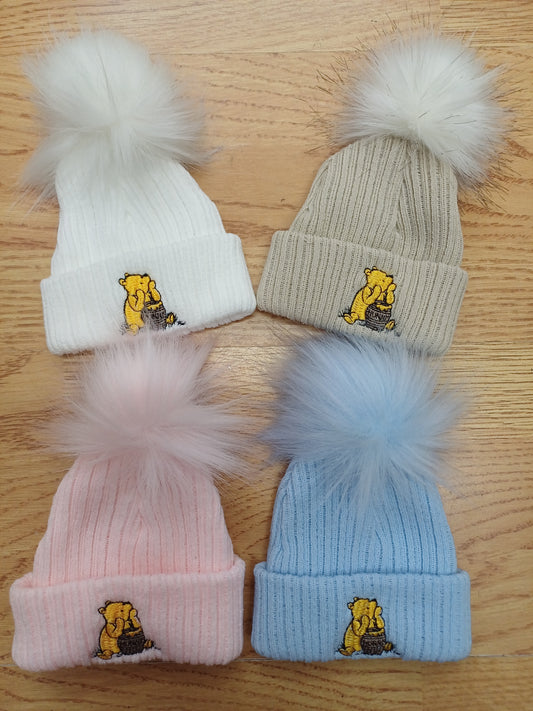 Baby Boys  or girls  pom pom  hats  embroidered with  honey bear size newborn  various  colours to choose from