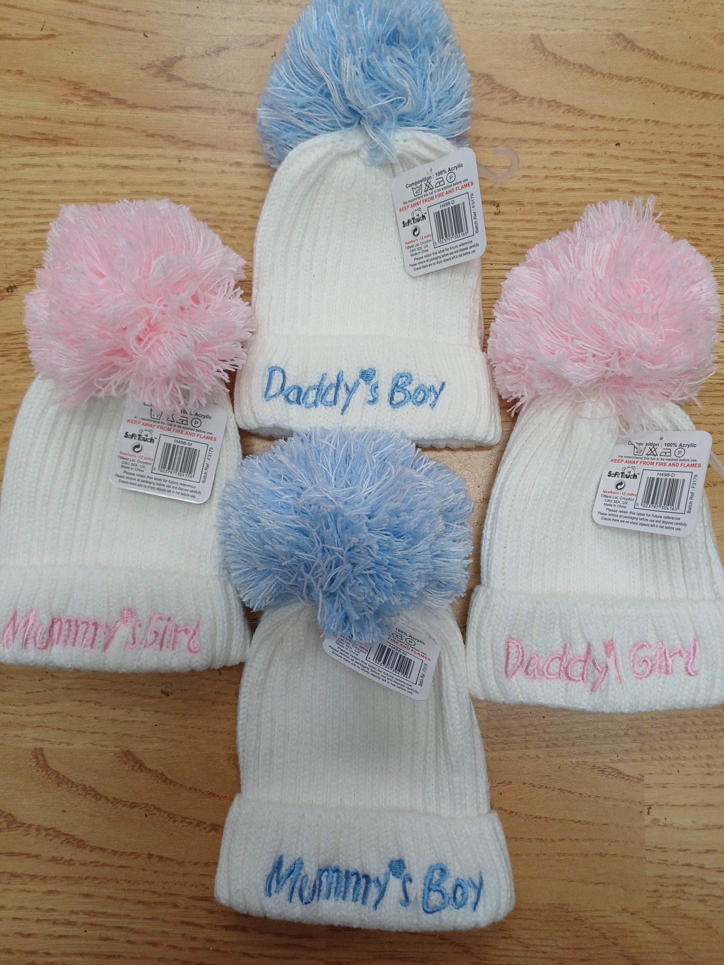 Knitted Hats with pom pom embroidered with daddy's girl or boy