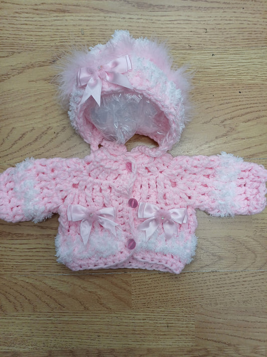 Baby girls handmade crochet pretty cardigan and bonnet set size  newborn