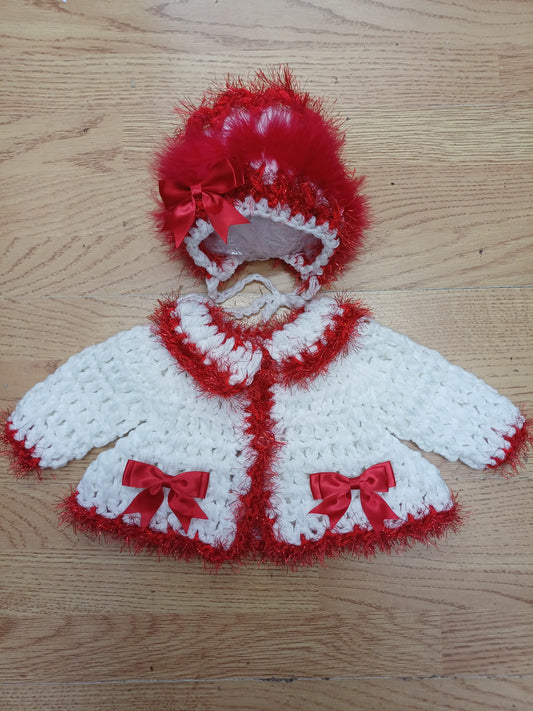 Baby girls  handmade crochet pretty cardigan and bonnet set size  0 / 3. Months