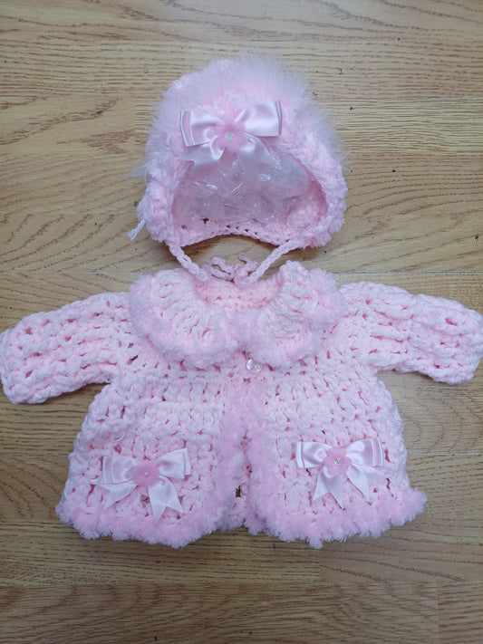 Baby girls handmade crochet pretty cardigan and bonnet set size 0 / 3 months