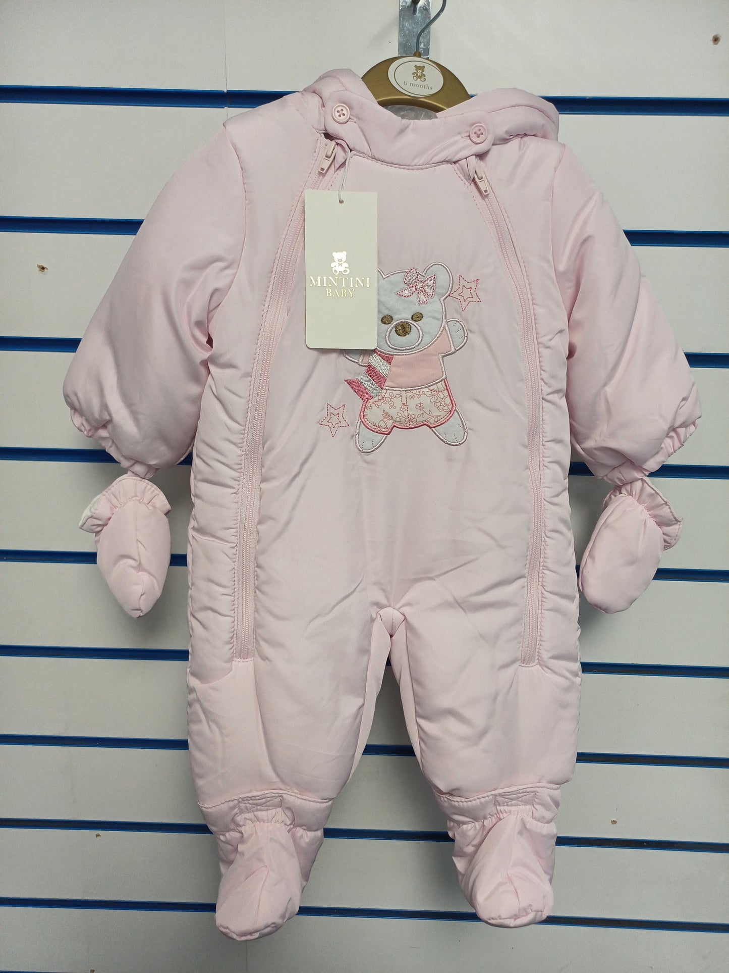 Mintini pram snowsuit with detachable feet and hands with  teddy bear design embroidery