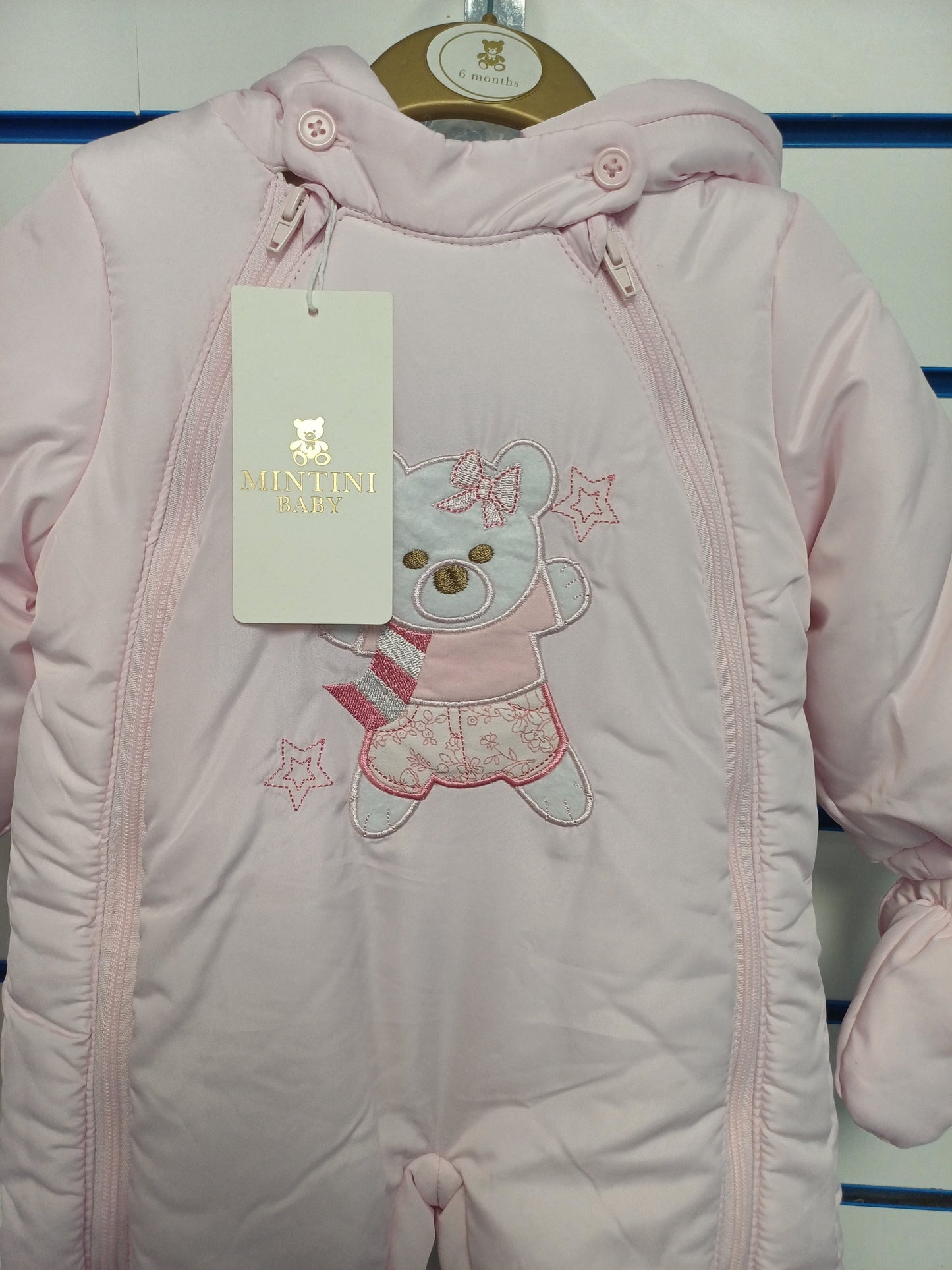 Mintini pram snowsuit with detachable feet and hands with  teddy bear design embroidery