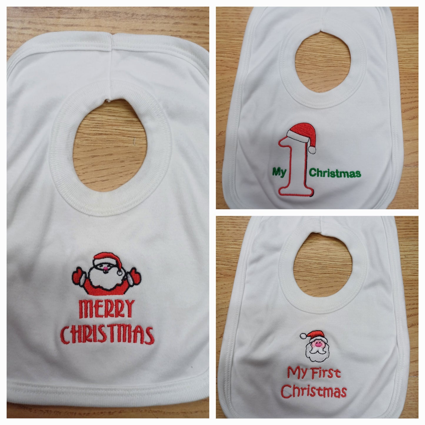 Christmas  bibs  embroidered with  merry Christmas  or my first Christmas