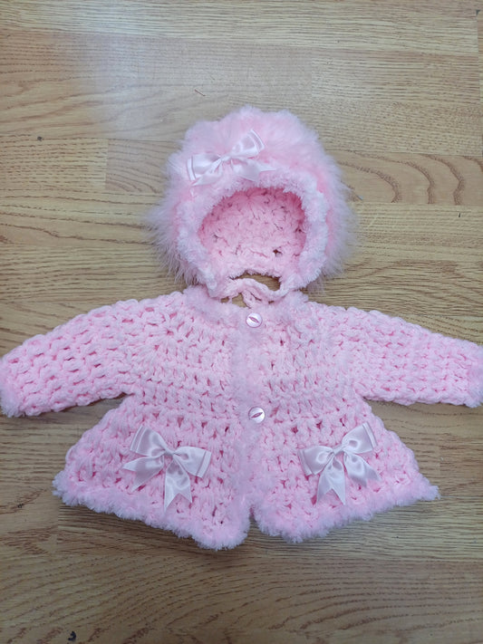 Baby girls  handmade crochet pretty cardigan and bonnet set size newborn  to  3 months