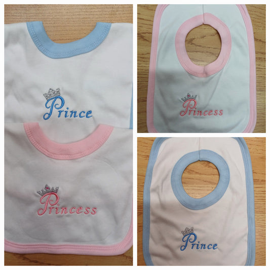 Baby  Boys or girls  100% soft cotton bib embroidered with  prince or princess  various colours to choose from