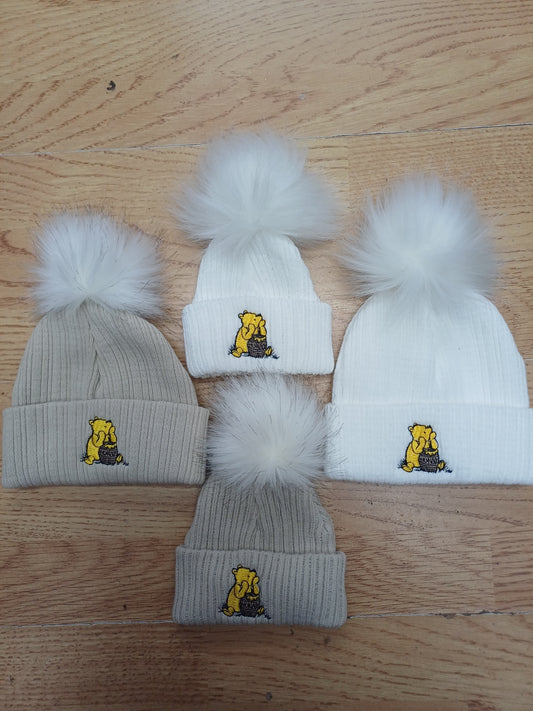 Babys  boys or girls  honey bear themed pom pom hats