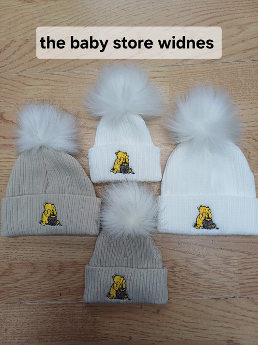 Babys  boys or girls  honey bear themed pom pom hats