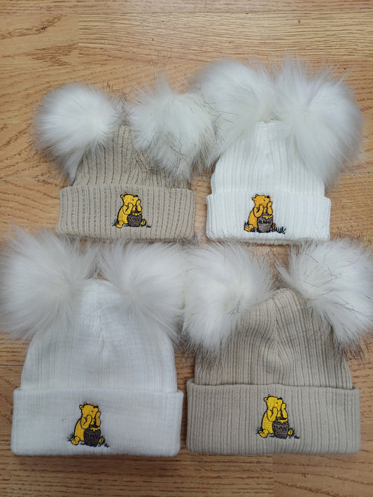 Baby Boys or girls  honey bear themed pom pom hats