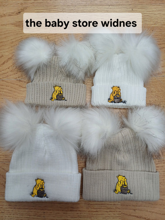 Baby Boys or girls  honey bear themed pom pom hats