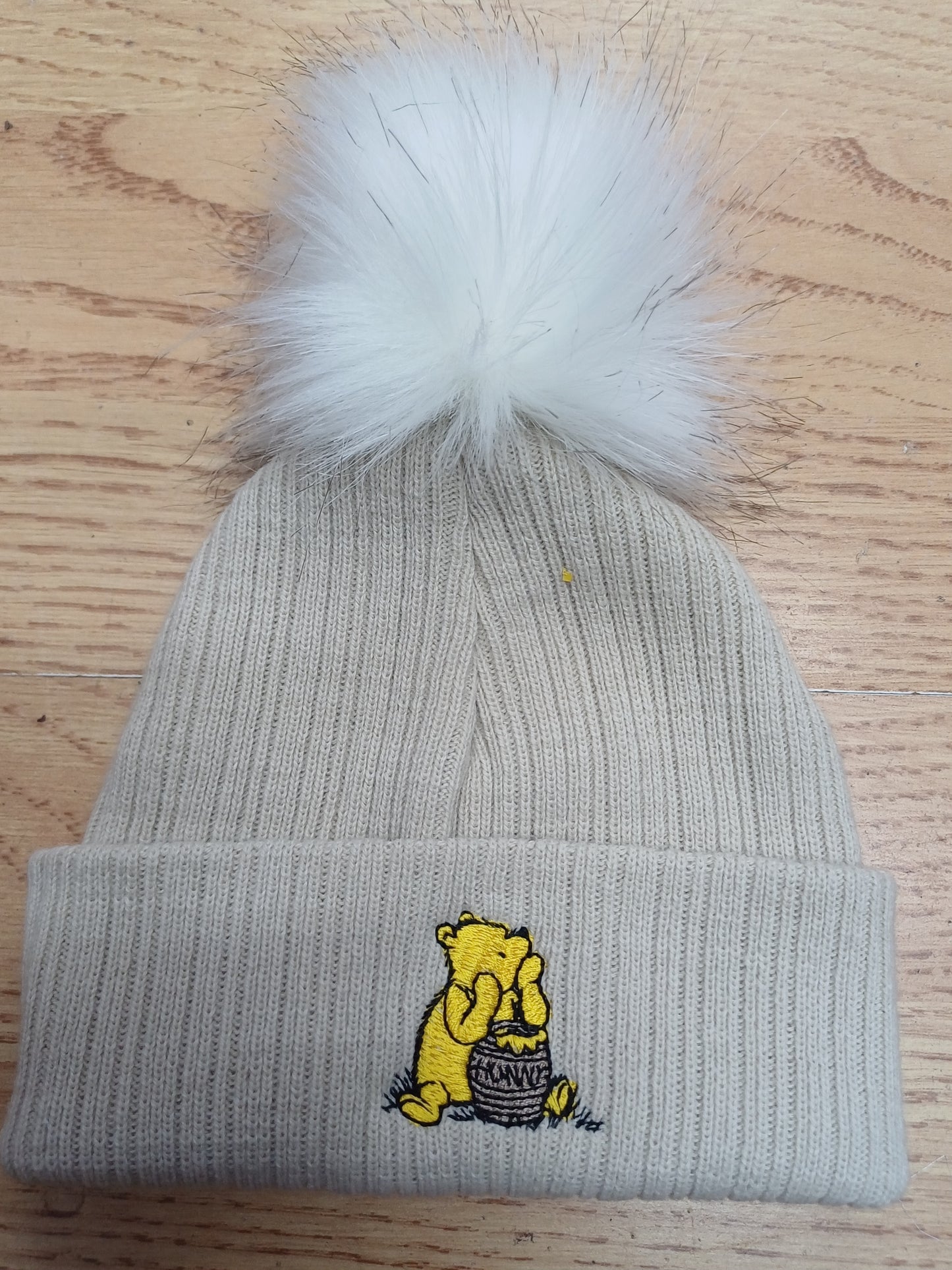 Babys  boys or girls  honey bear themed pom pom hats