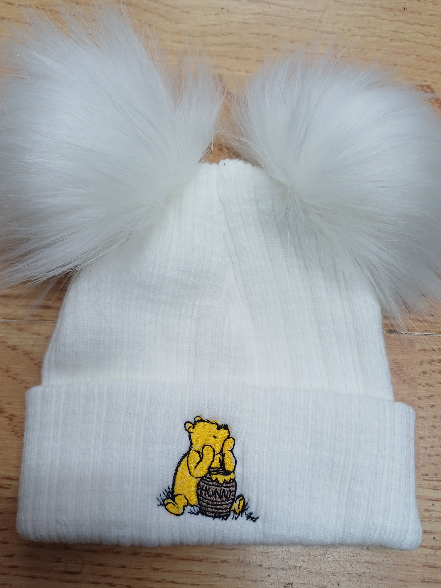 Baby Boys or girls  honey bear themed pom pom hats