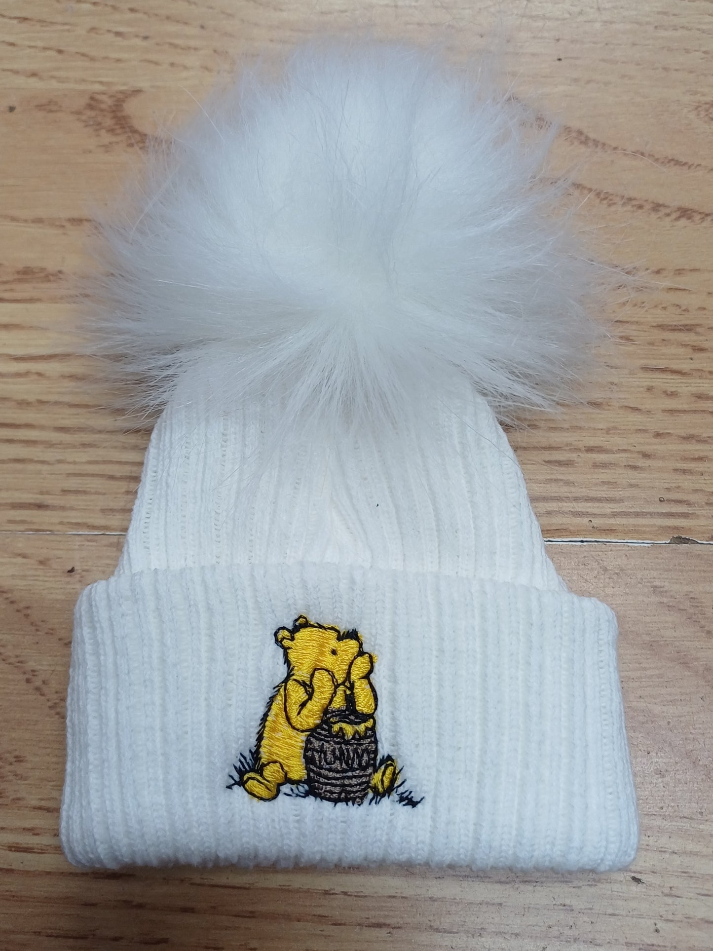 Babys  boys or girls  honey bear themed pom pom hats