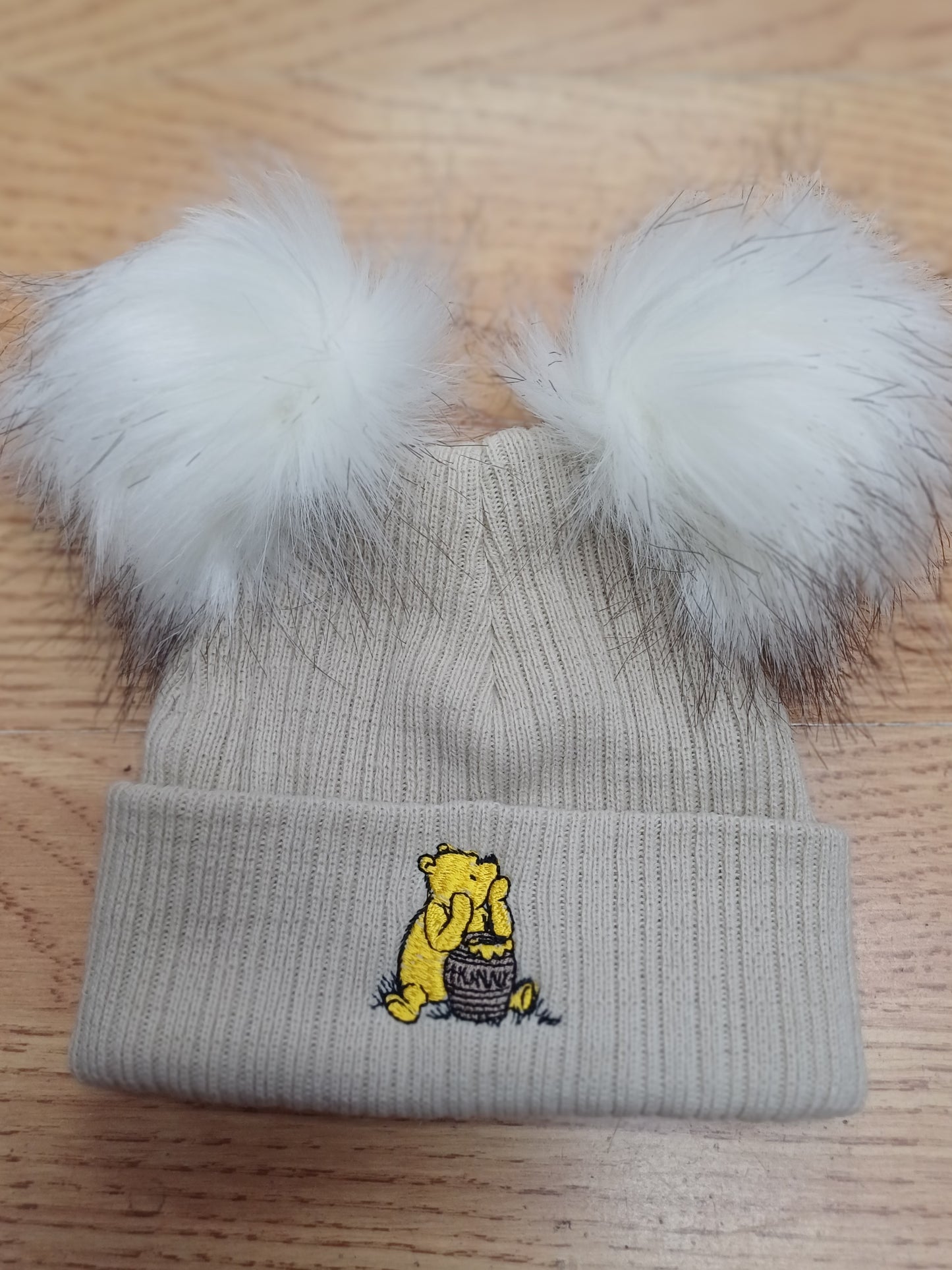 Baby Boys or girls  honey bear themed pom pom hats