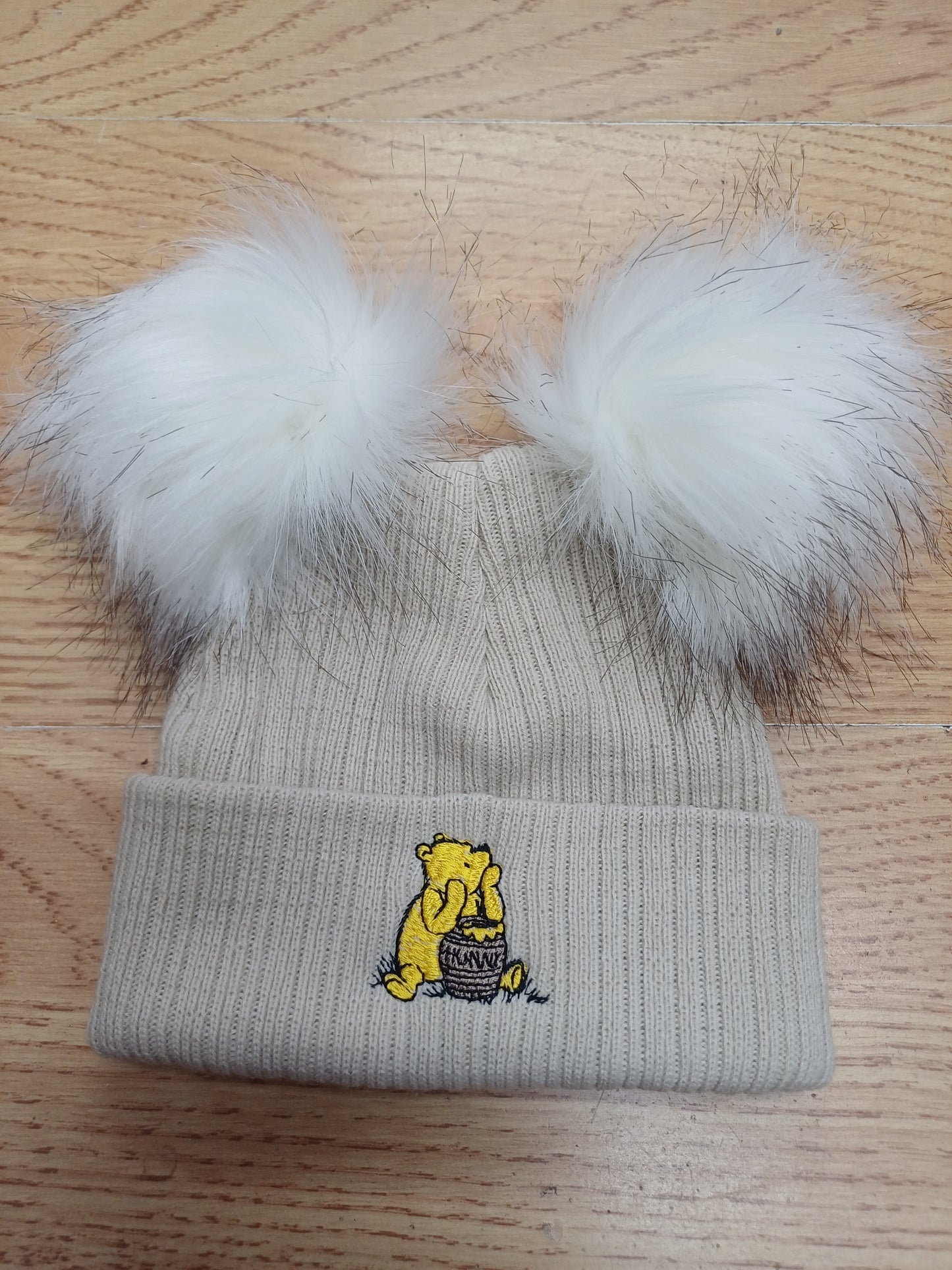 Baby Boys or girls  honey bear themed pom pom hats