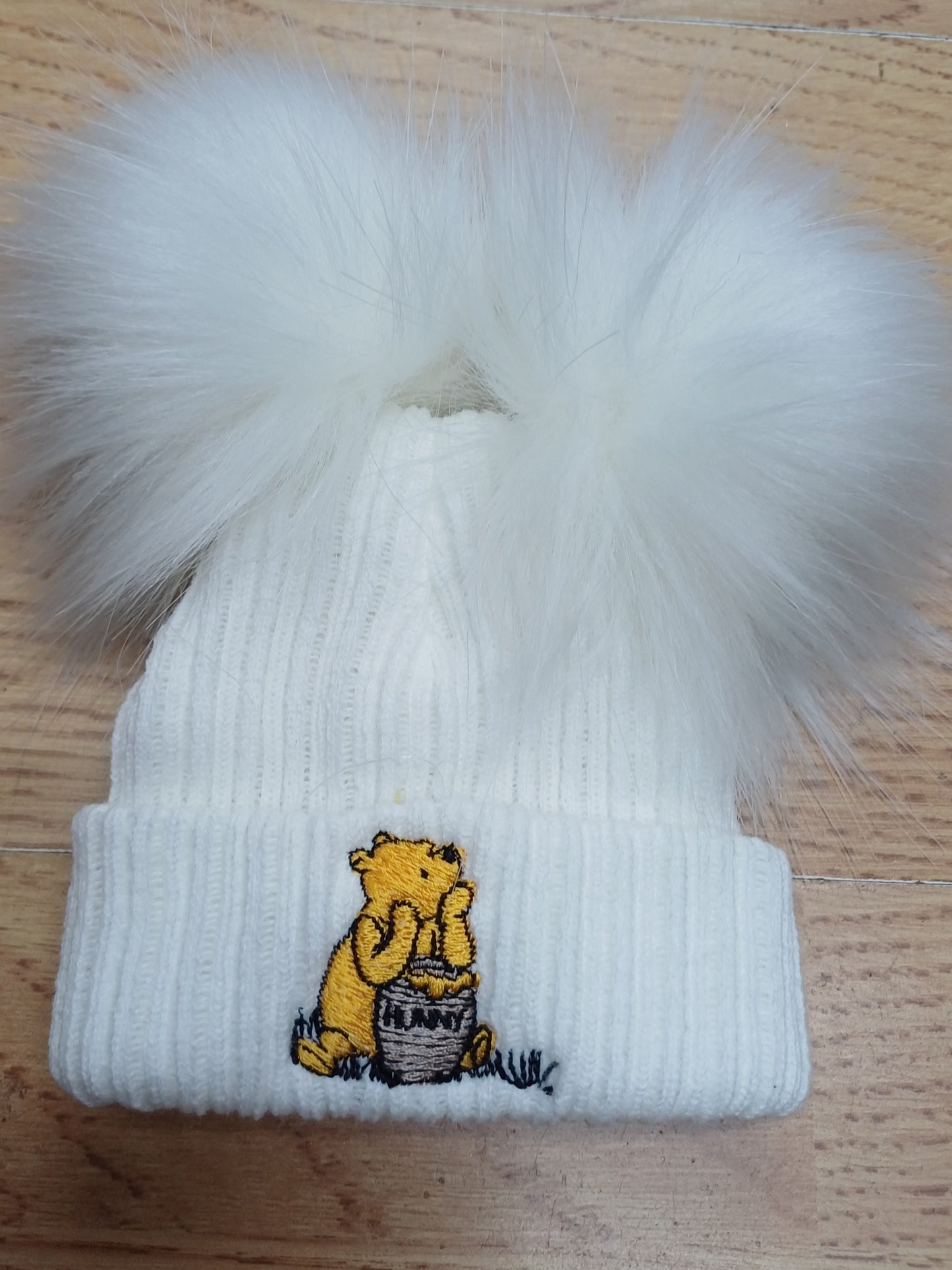 Baby Boys or girls  honey bear themed pom pom hats