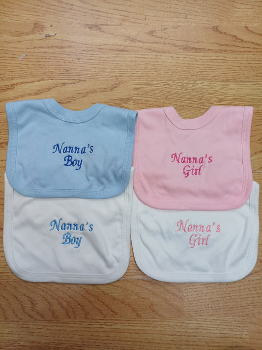 Baby Boys or Girls cotton bibs  nanna's boy or girl embroidery