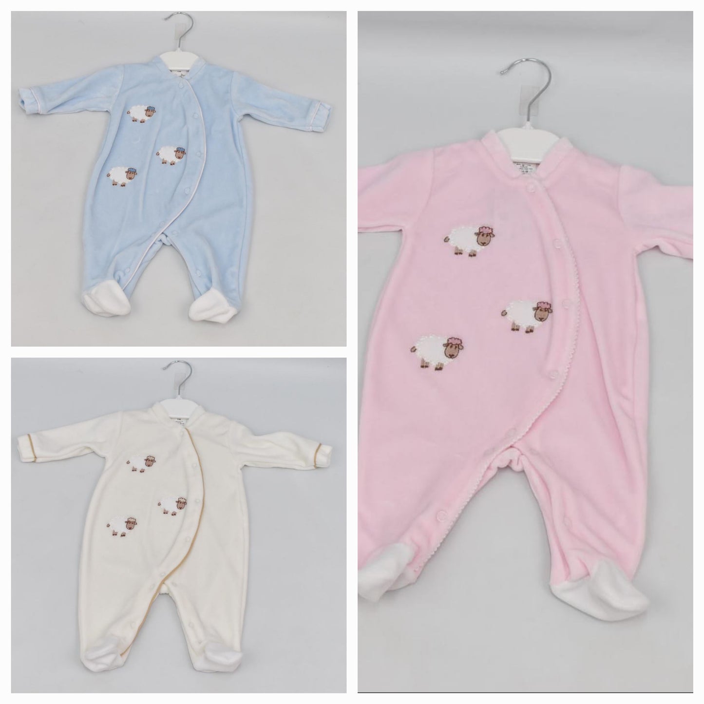 Baby Boys or Girls velour baby grow  /  sleep suit with sheep design