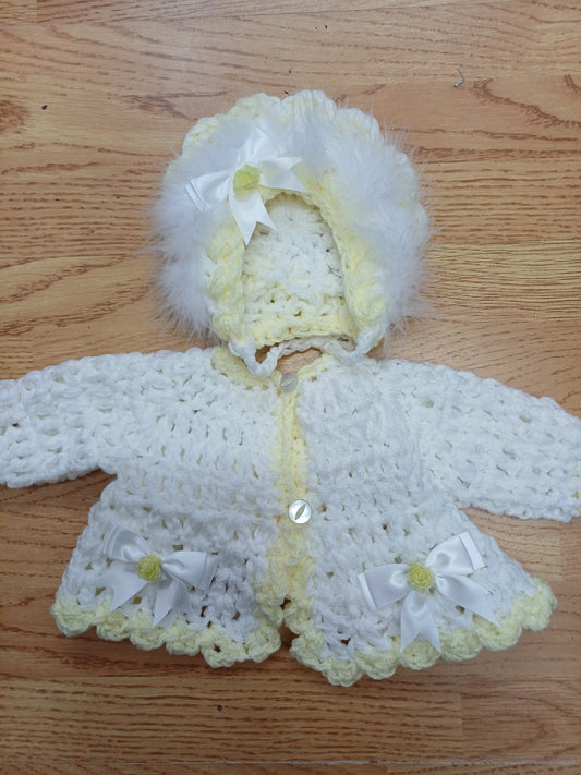 Baby girls  handmade crocheted  pretty cardigan and bonnet set with bows