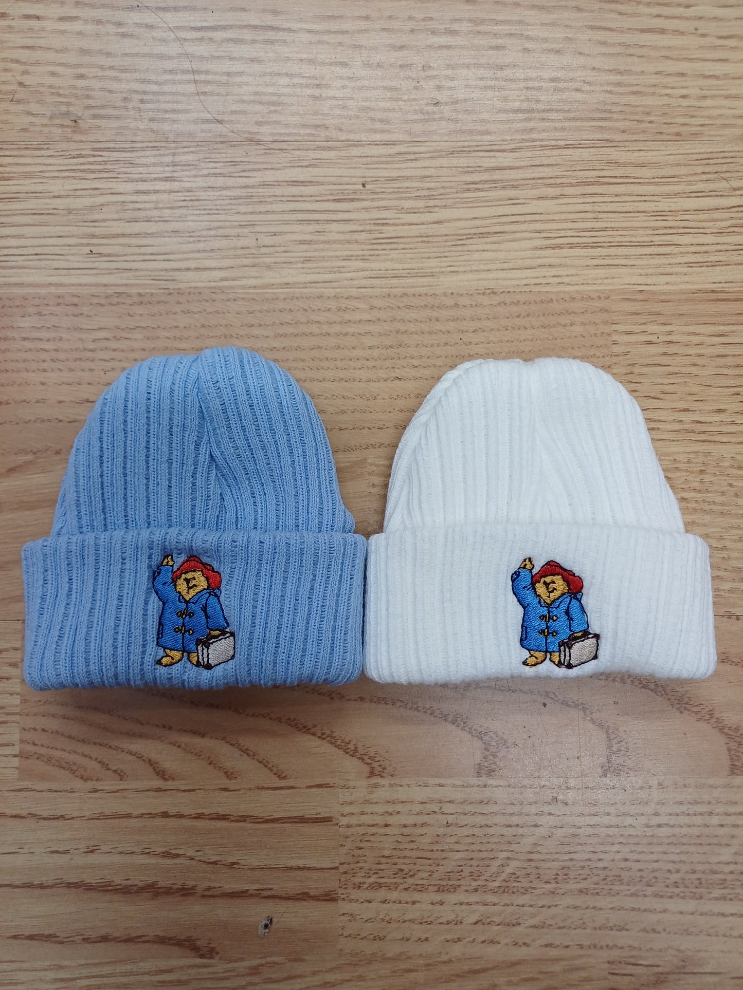 Babys  knitted beanie hats  embroidered with  a bear