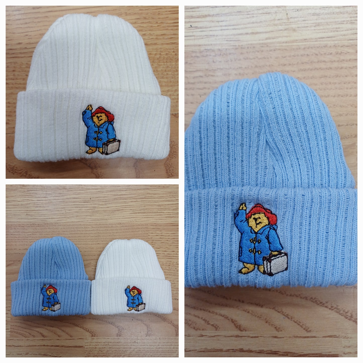 Babys  knitted beanie hats  embroidered with  a bear