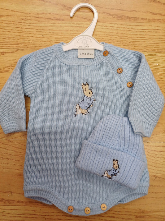 Dandelion embroidered romper and hat set  with peter rabbit themed embroidery