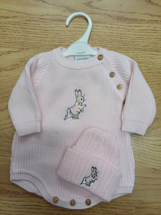 Dandelion embroidered romper set with hat  and  peter rabbit themed embroidery