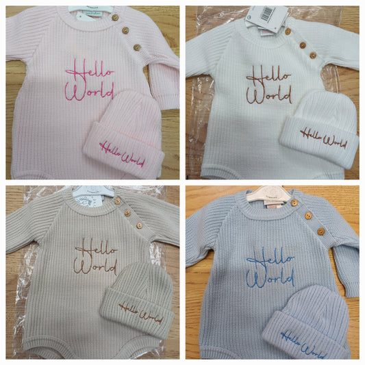 Dandelion unisex romper and hat set embroidered with  hello world