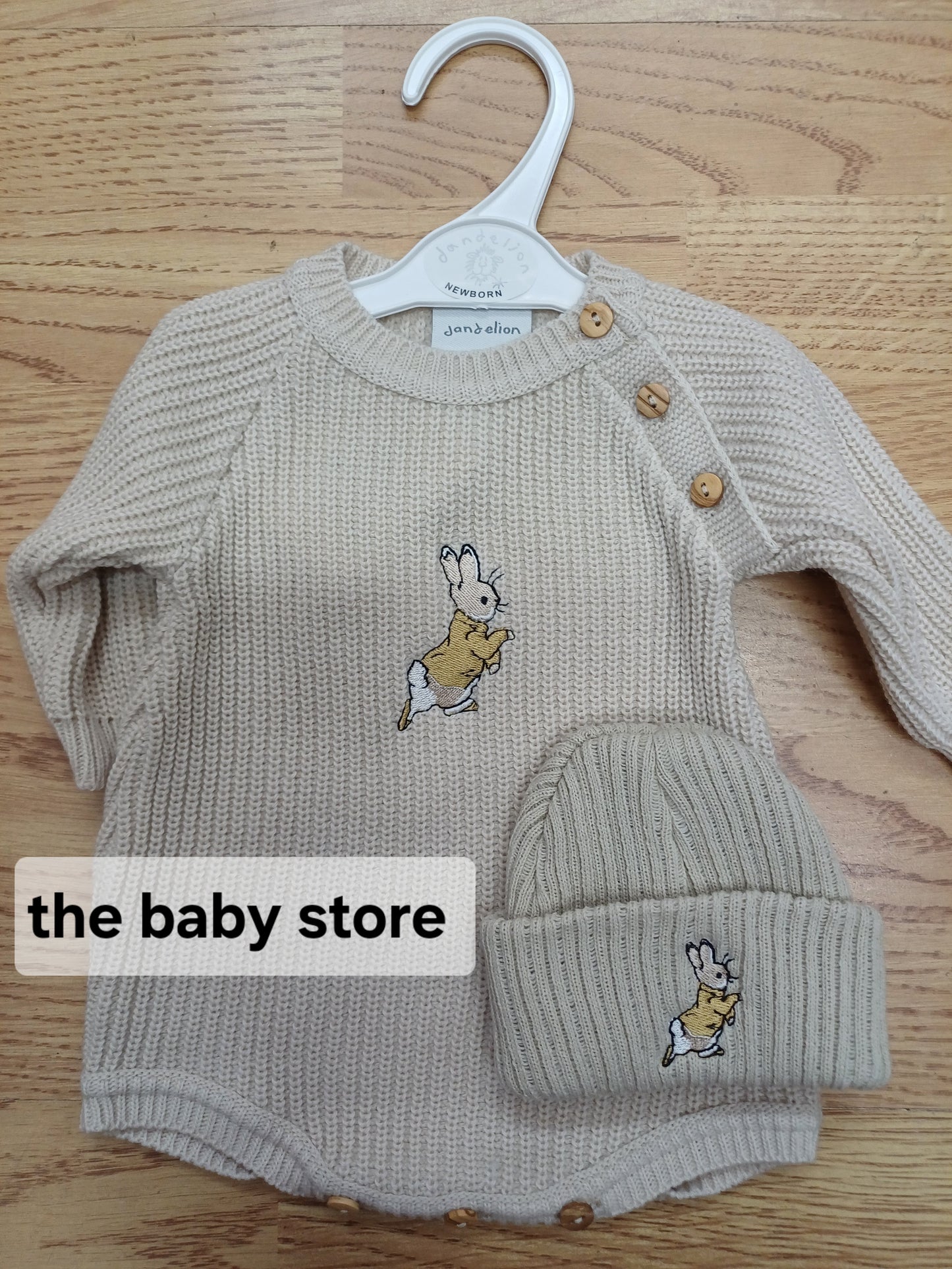 Dandelion embroidered romper and hat set  with peter rabbit themed embroidery