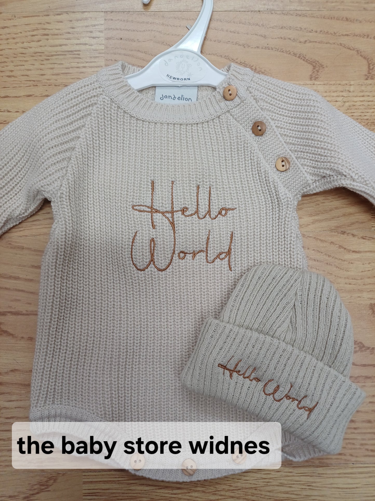 Dandelion unisex romper and hat set embroidered with  hello world
